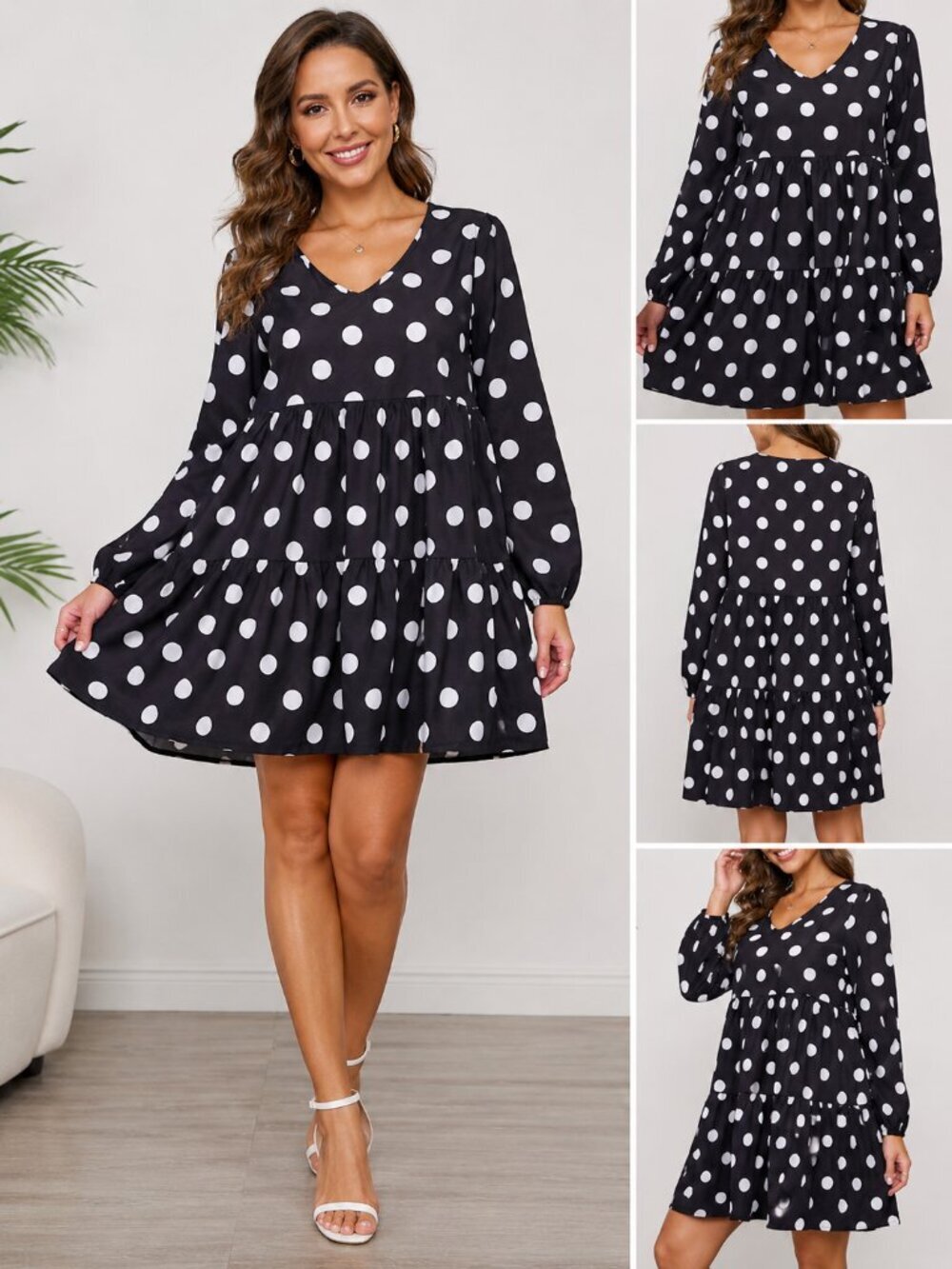 KOJOOIN Women's XL Navy White Polka Dot Babydoll Tiered Dress Long Sleeve.